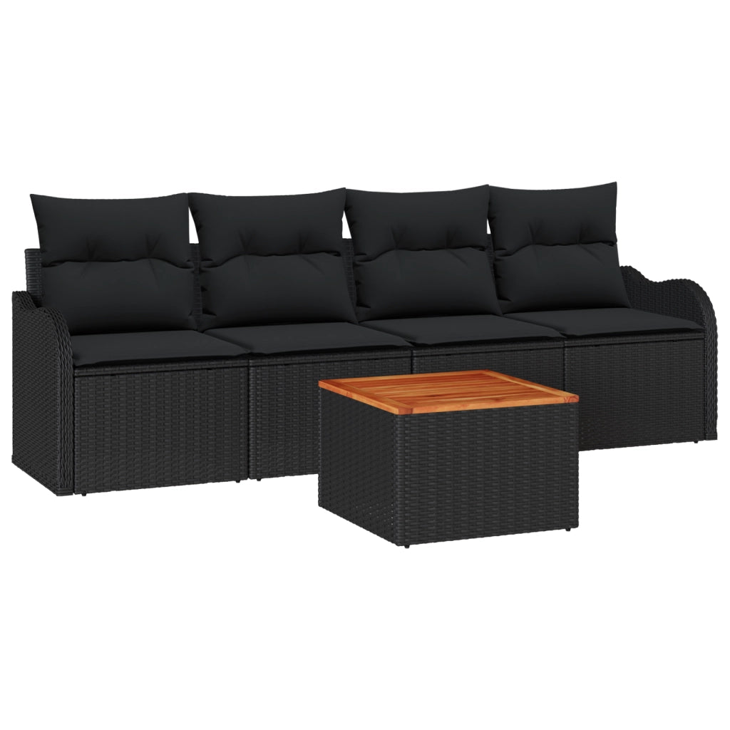 Set di Divani da Giardino 5 Pezzi con Cuscini Nero Rattan Polimerico Acacia