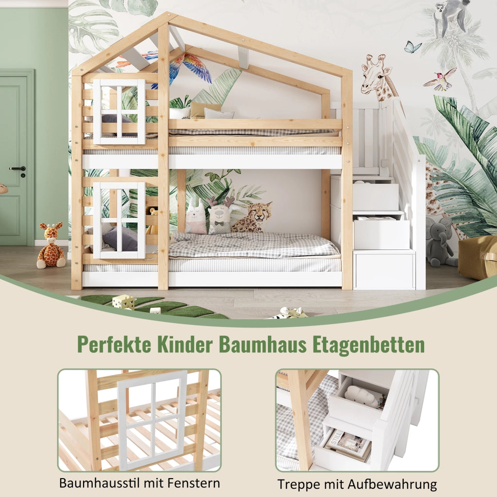 Letto a castello con funzione di contenitore in legno massello e MDF naturale e bianco 90x200 cm