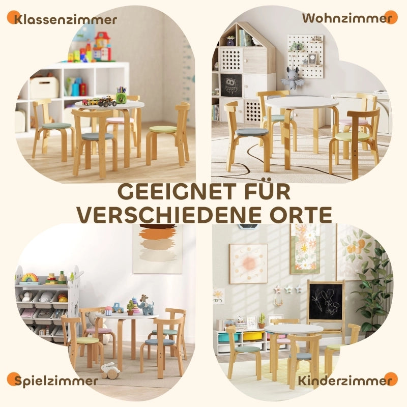Set di tavolo e sedie per bambini composto da 5 pezzi, in legno massello leggero e colorato.