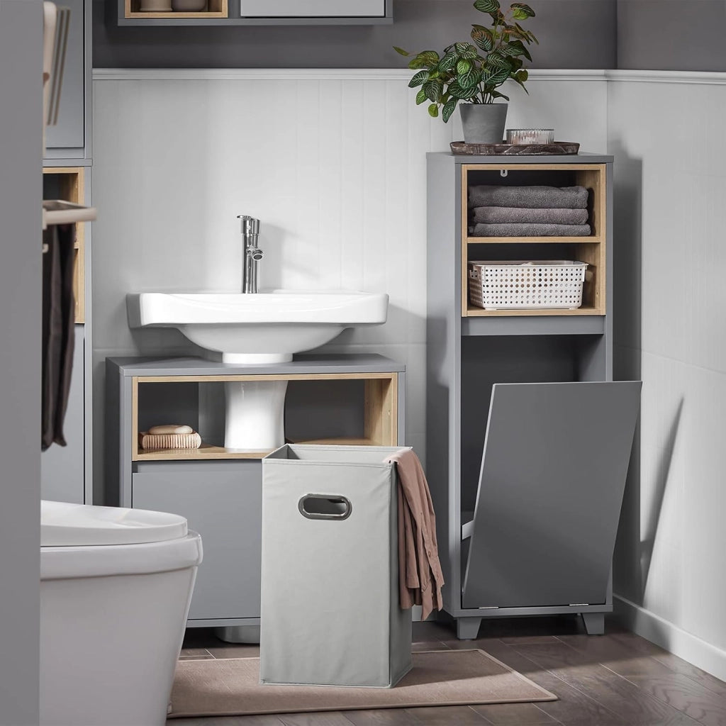 Mobile Bagno con Sacco Portabiancheria a Ribalta – Mobiletto Bagno Stretto con 2 Ripiani, Cesto Portabiancheria – Cesta per la Biancheria per Lavanderia, Grigio Scuro, 35x105x30cm BZR146-DG