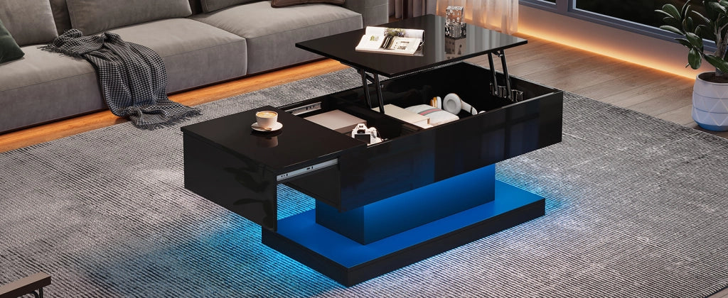 TAVOLINO DA SALOTTO Sollevabile 100x50x45 cm Nero in Pannello di legno con LED
