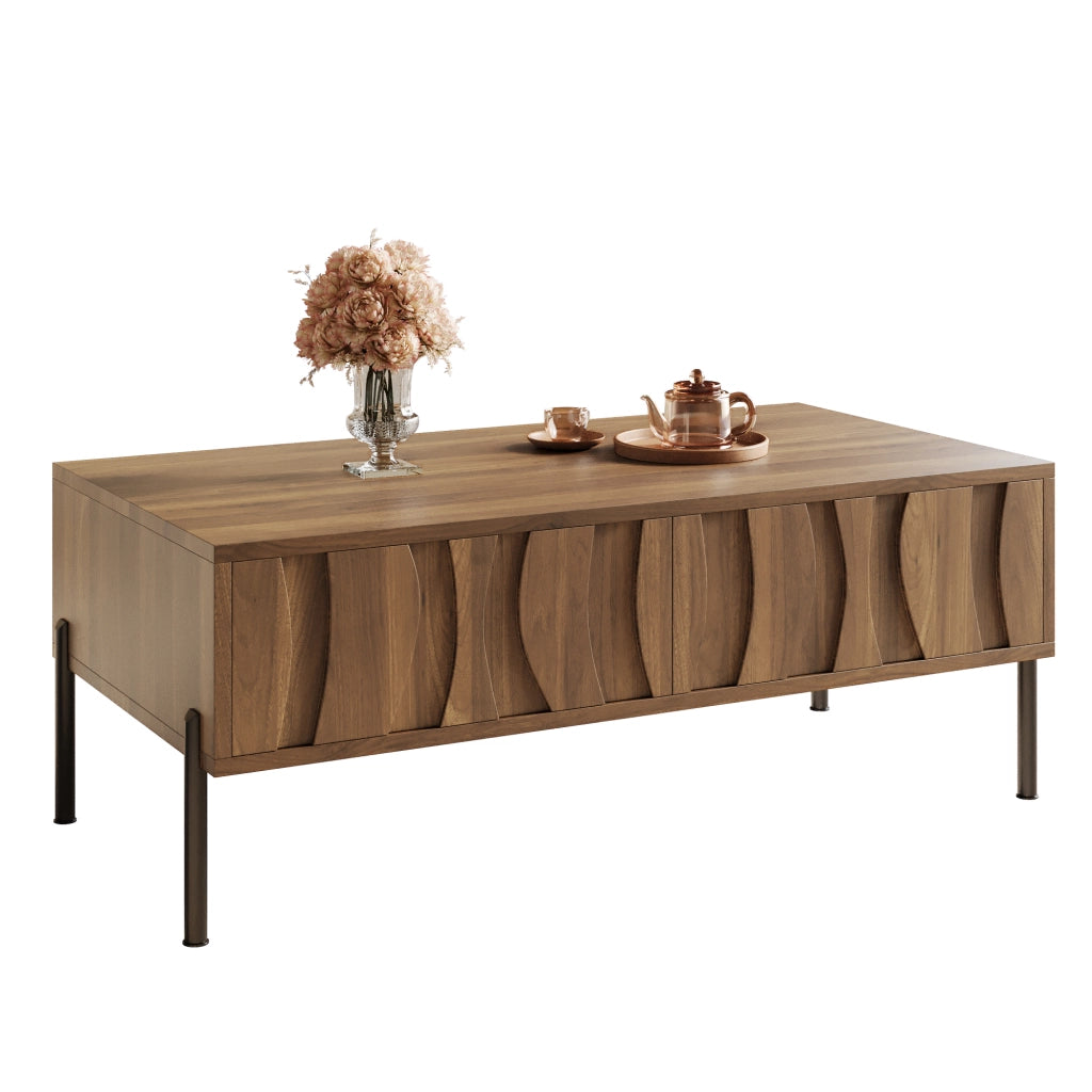 Tavolino da Caffè con 2 Cassetti Ondulati; Stile Vintage; in MDF e Pannello Truciolare; 105×55×41 cm; Naturale