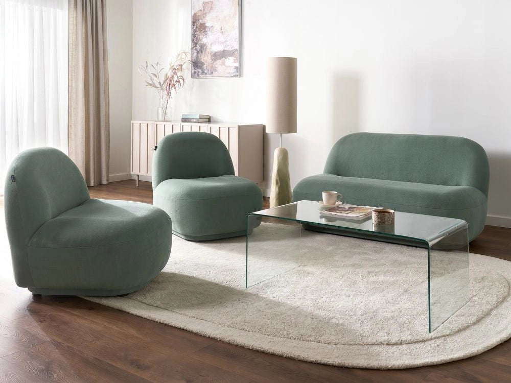 Set divano a 4 posti con poltrone e divanetto a due posti, tessuto idrorepellente verde chiaro, design contemporaneo retrò, schienale basso, salotto moderno e minimalista
