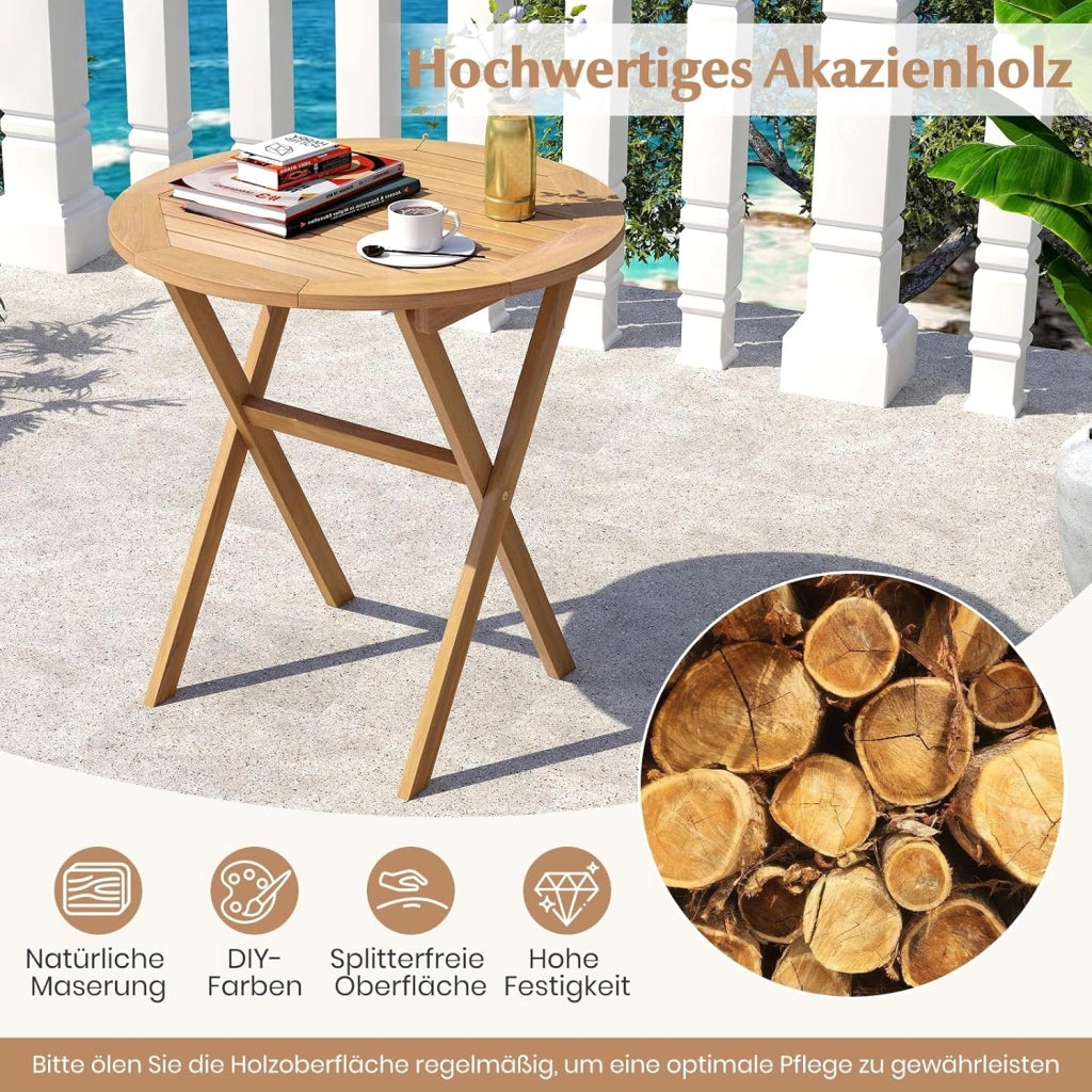Tavolo rotondo pieghevole in legno di Acacia, tavolo da giardino rotondo, vassoio per doghe struttura a X, barre trasversali rinforzate, chiusura e 2 ganci, per balcone, terrazza, campeggio