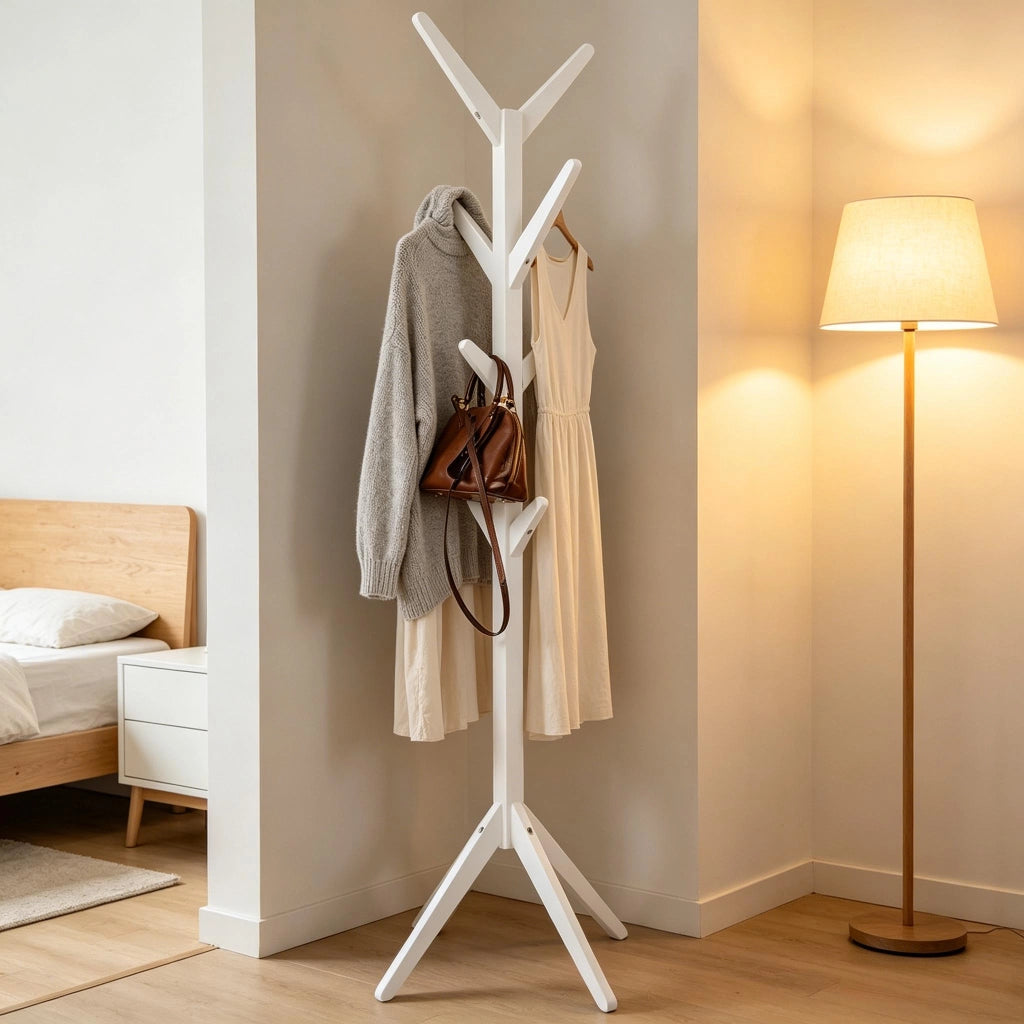 Appendiabiti in legno massiccio bianco con 8 ganci, design moderno, 180 cm