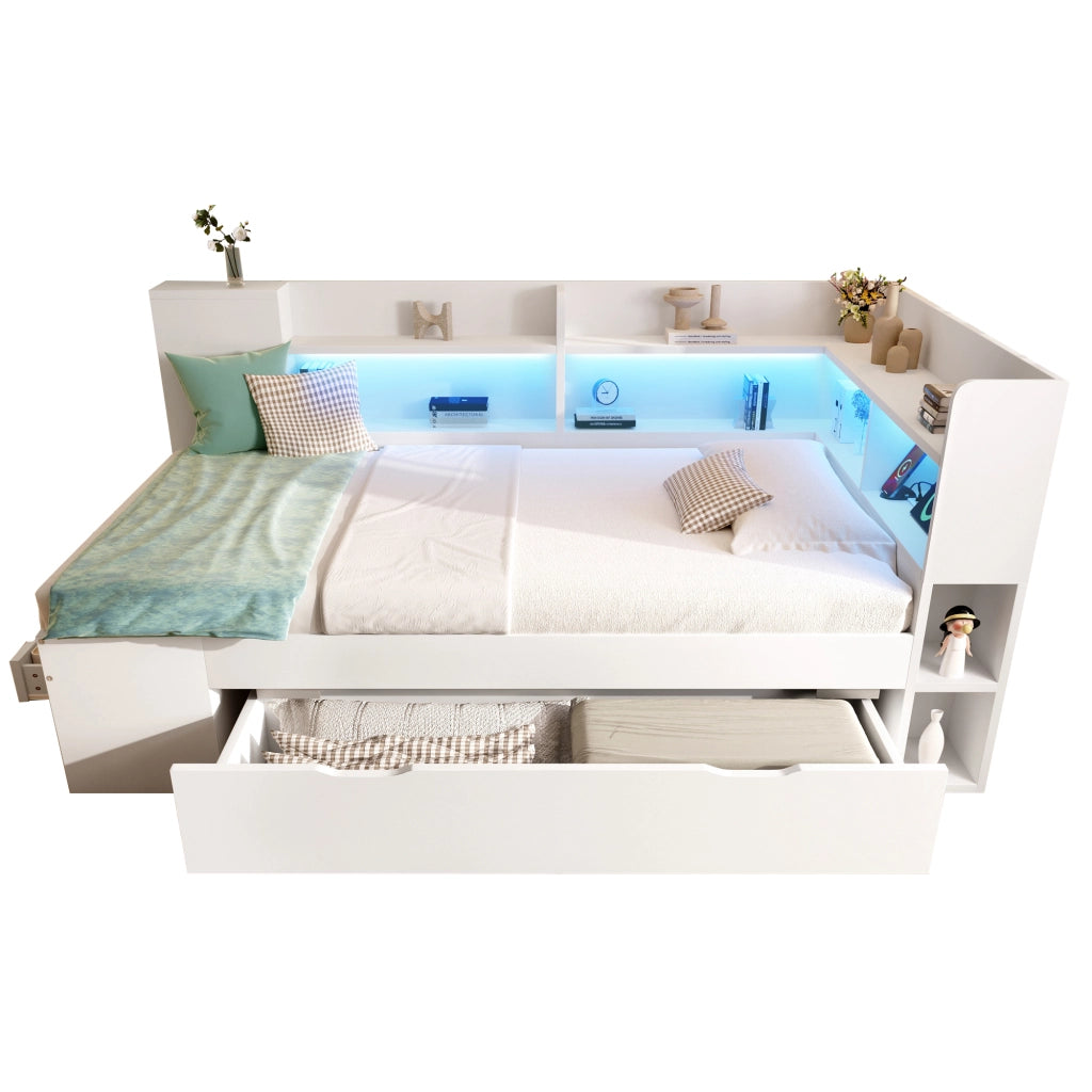 Letto a Divanetto 90x200 cm - USB; Type-C; LED Regolabile e Cassetti - Bianco