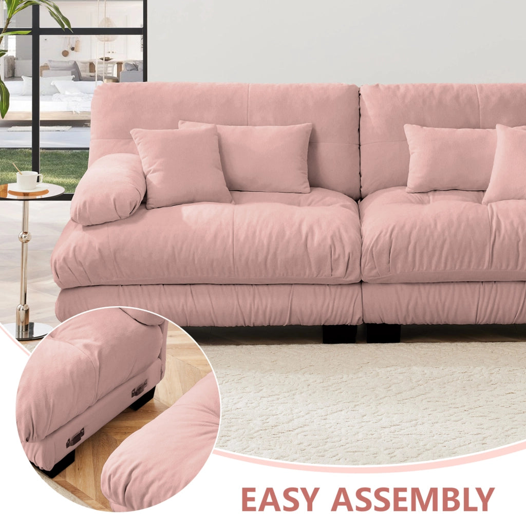 Divano angolare modulare 3 posti in chenille rosa con seduta profonda e imbottitura confortevole