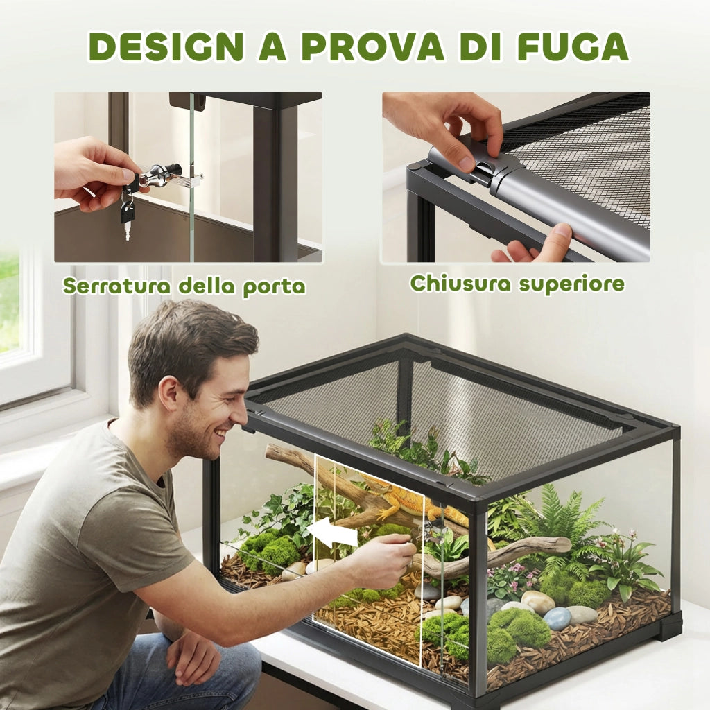 Rettilario Rialzato 60x45x32 cm con Doppia Serratura e Pareti in Vetro Nero