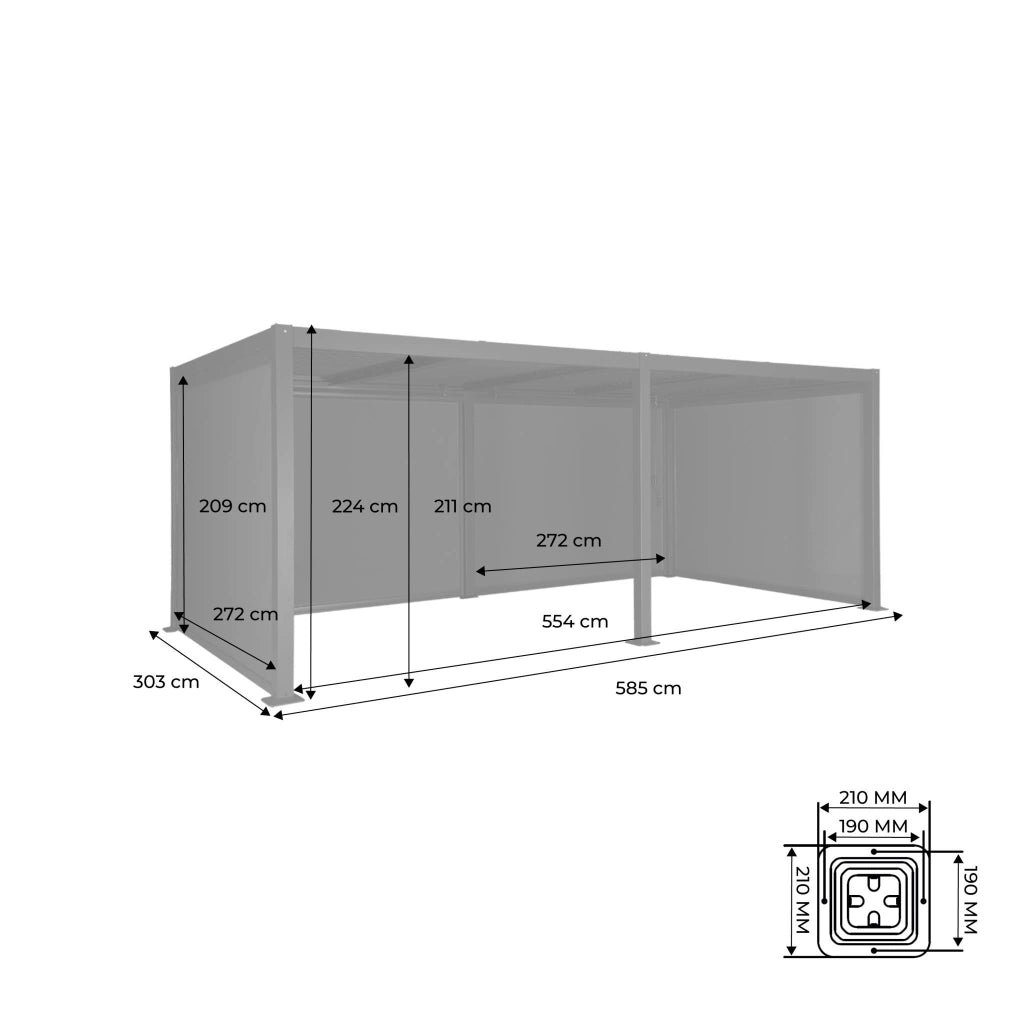 Pergola bioclimatica 3x6m in alluminio e acciaio + 4 tende 3m, nero