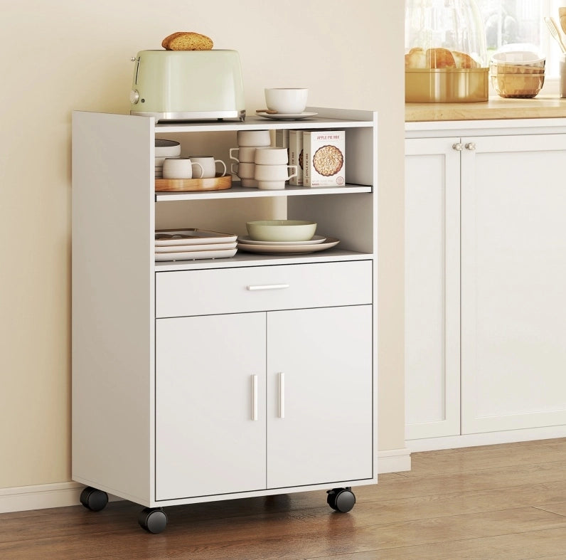 Mobile armadio da cucina bianco con doppia porta, cassetto e ripiani per microonde