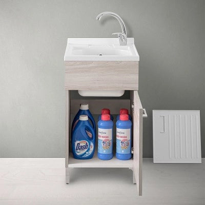 Mobile lavatoio 45x50 cm 1 anta rovere grigio con vaschetta in resina
