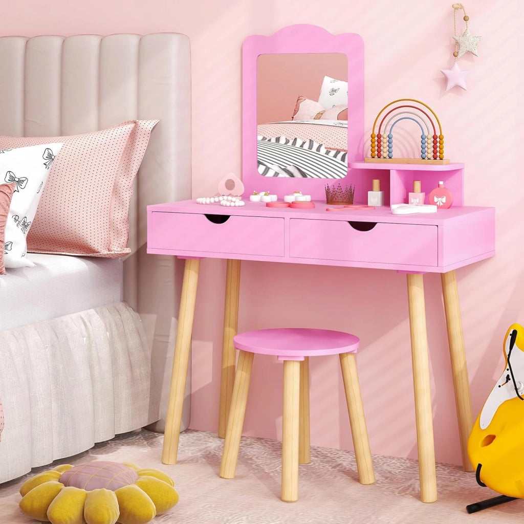 2 in 1 Set Toeletta per Bambini, Postazione Trucco in Legno con Sgabello, Specchio Rettangolare Staccabile e 2 Cassetti Capienti, Ideale per Bambini dai 3 ai 7 Anni (Rosa Scuro)