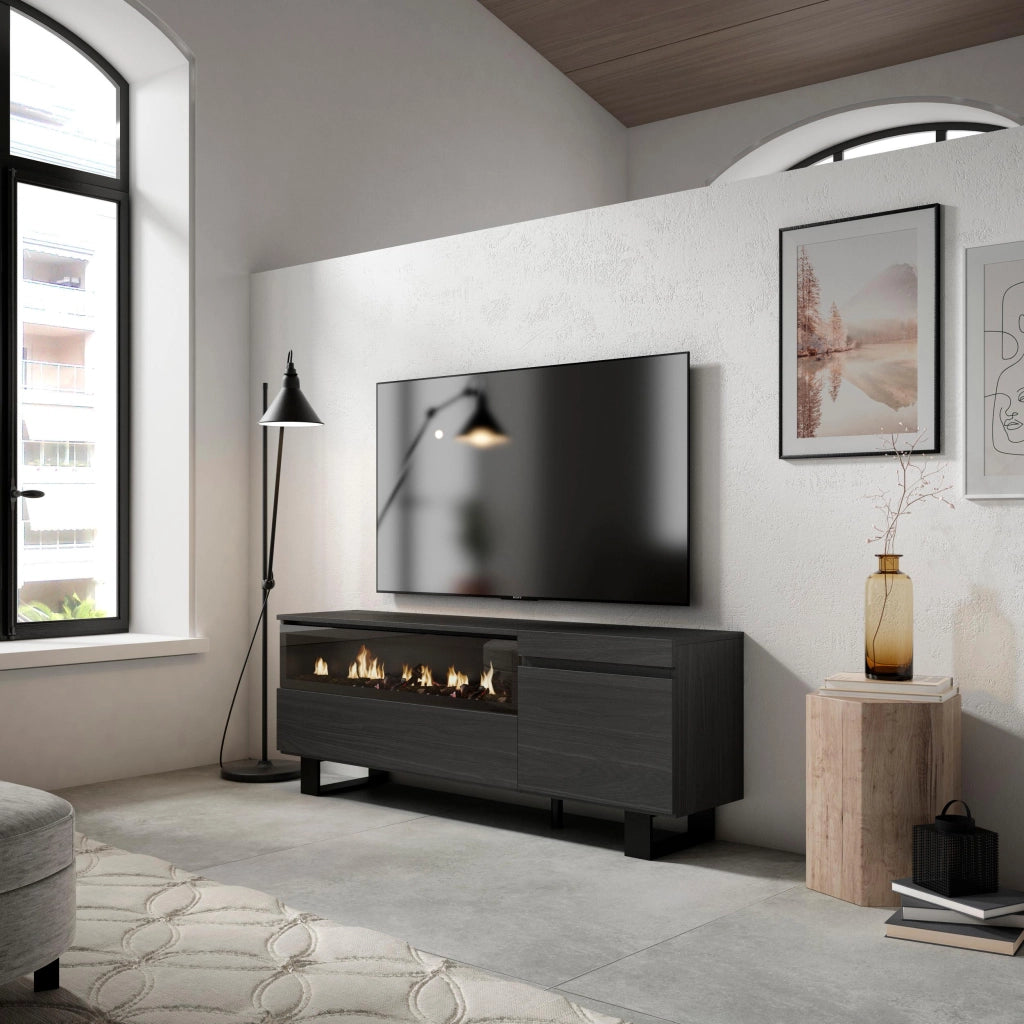 Mobile TV Soggiorno, 150x35x57cm, Per TV fino a 65", Camino elettrico, Design industriale, Nero RF2479