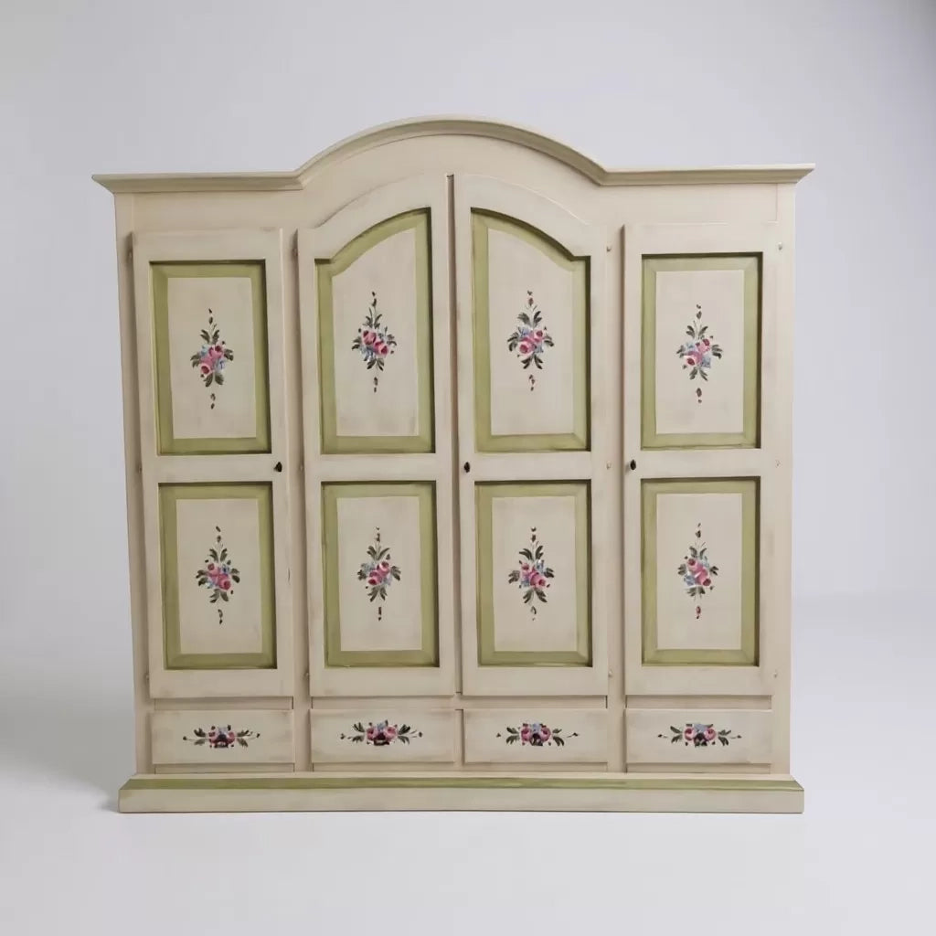 Armadio shabby 4 porte legno avorio anticato decorato filo verde  234x60x230 - Mobili 2G