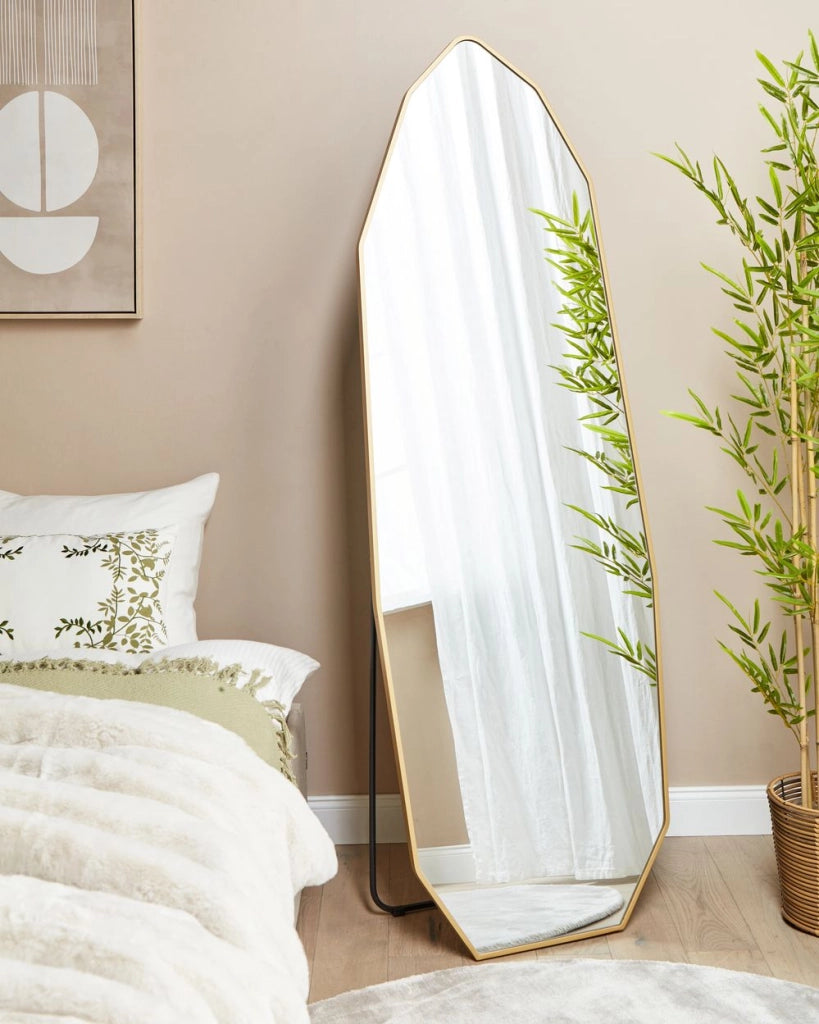 Specchio a stelo con cornice in alluminio dorato 49 x 165 cm con supporto Forma irregolare con cornice a tutta lunghezza Design moderno