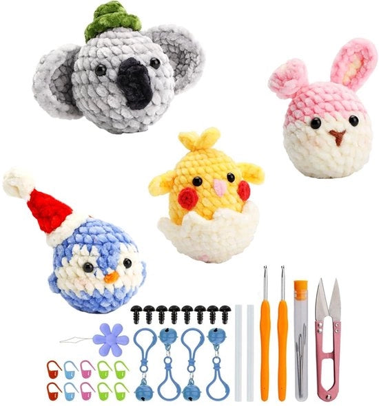 Pacchetto di iniziante per l'uncinetto - Collezione di animali - 4 animali - 14 palline di gomitoli - Inclusa imbottitura - Istruzioni passo dopo passo - Set di uncini