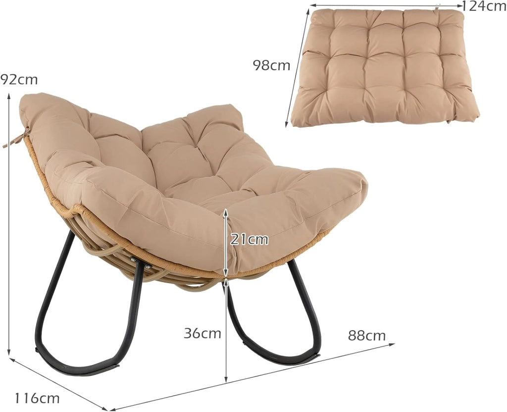 Sedia a Dondolo da Esterno, Poltrona a Dondolo da Interno con Cucscino Morbido, Struttura in Metallo e Rattan PE, per Terrazza, Bordo Piscina, Balcone, Soggiorno, 116 X 88 X 92 CM (Beige)