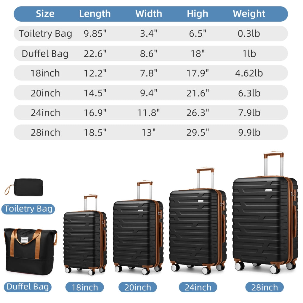 Set Valigie Rigide Espandibili 6 Pezzi con Trolley Spinner e Borsa Weekend, Nero