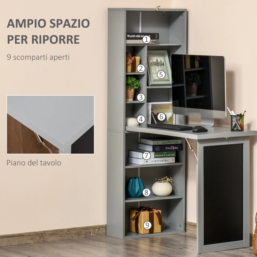 Libreria con Scrivania a Scomparsa Salvaspazio 98x51x153 cm in MDF Grigio