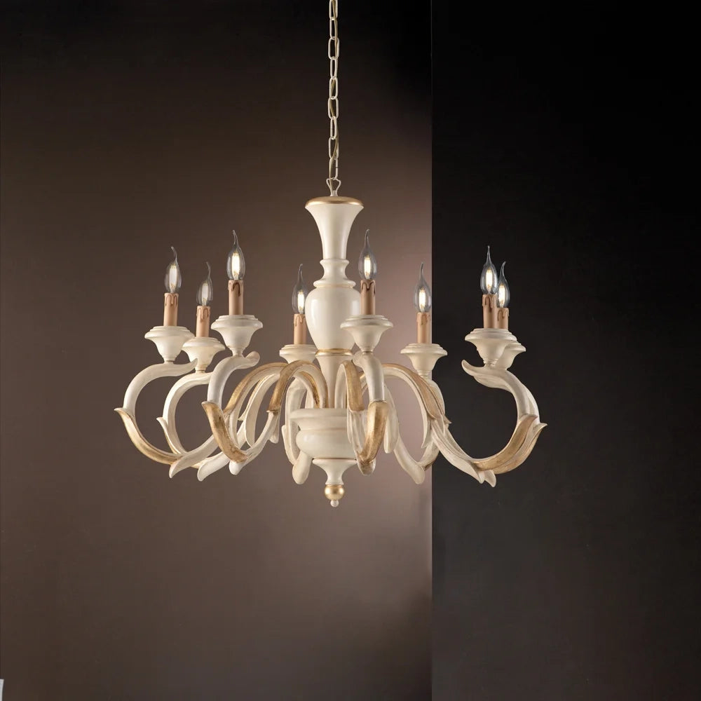 Lampadario Shabby Chic Fiorenza Legno Avorio Oro 8 Luci E14
