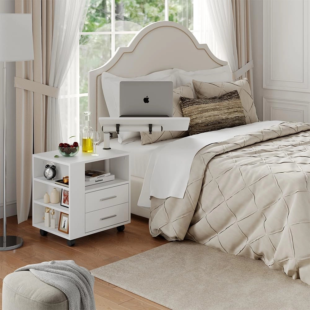 Comodino Bora, Bianco, 60 x 69 cm con 2 cassetti, con piano di lavoro girevole e ruote per un utilizzo flessibile