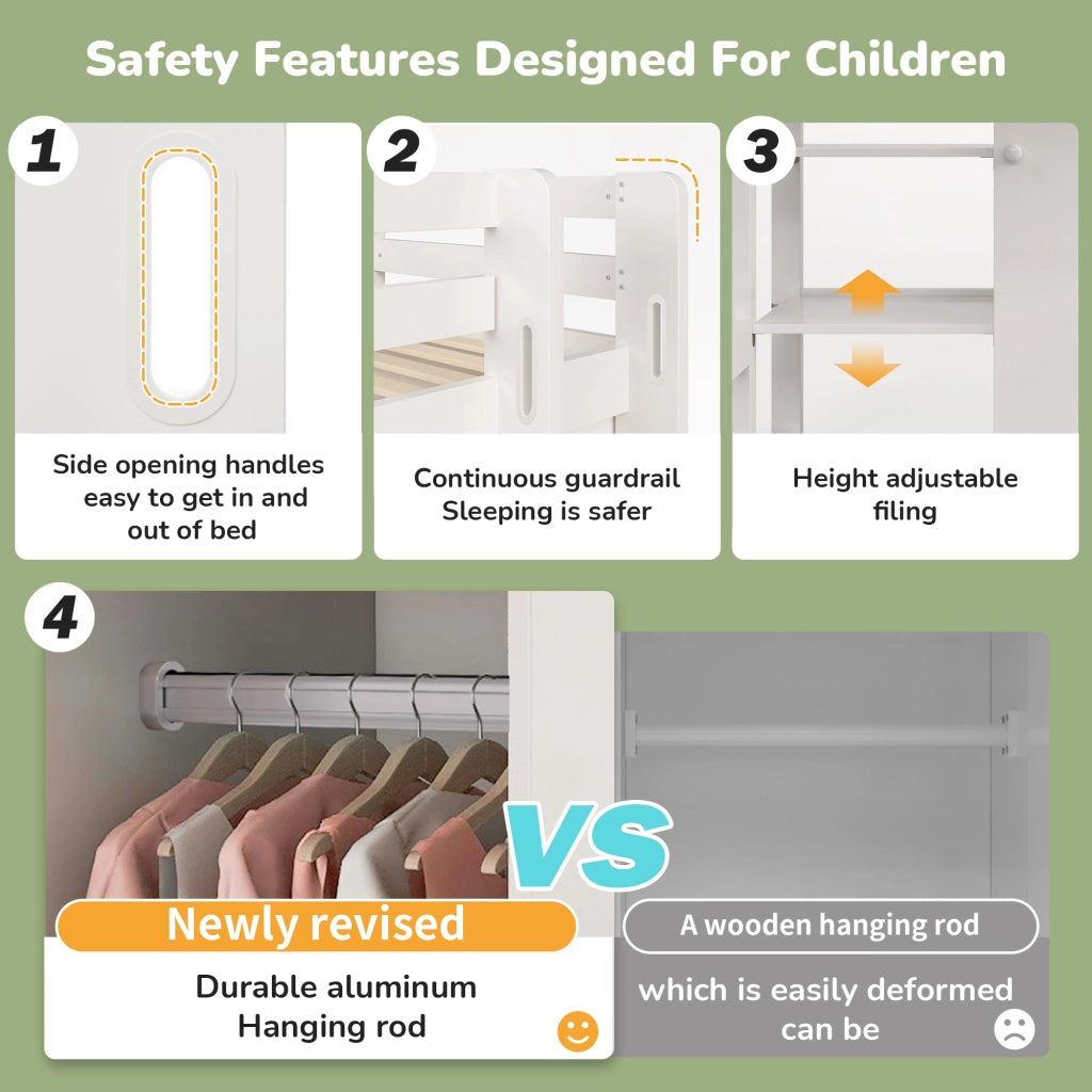 DESMIU Letto a Soppalco Singolo per Bambini con Armadio, 6 Scaffali e Montaggio Reversibile 90 × 200 cm Senza Materasso