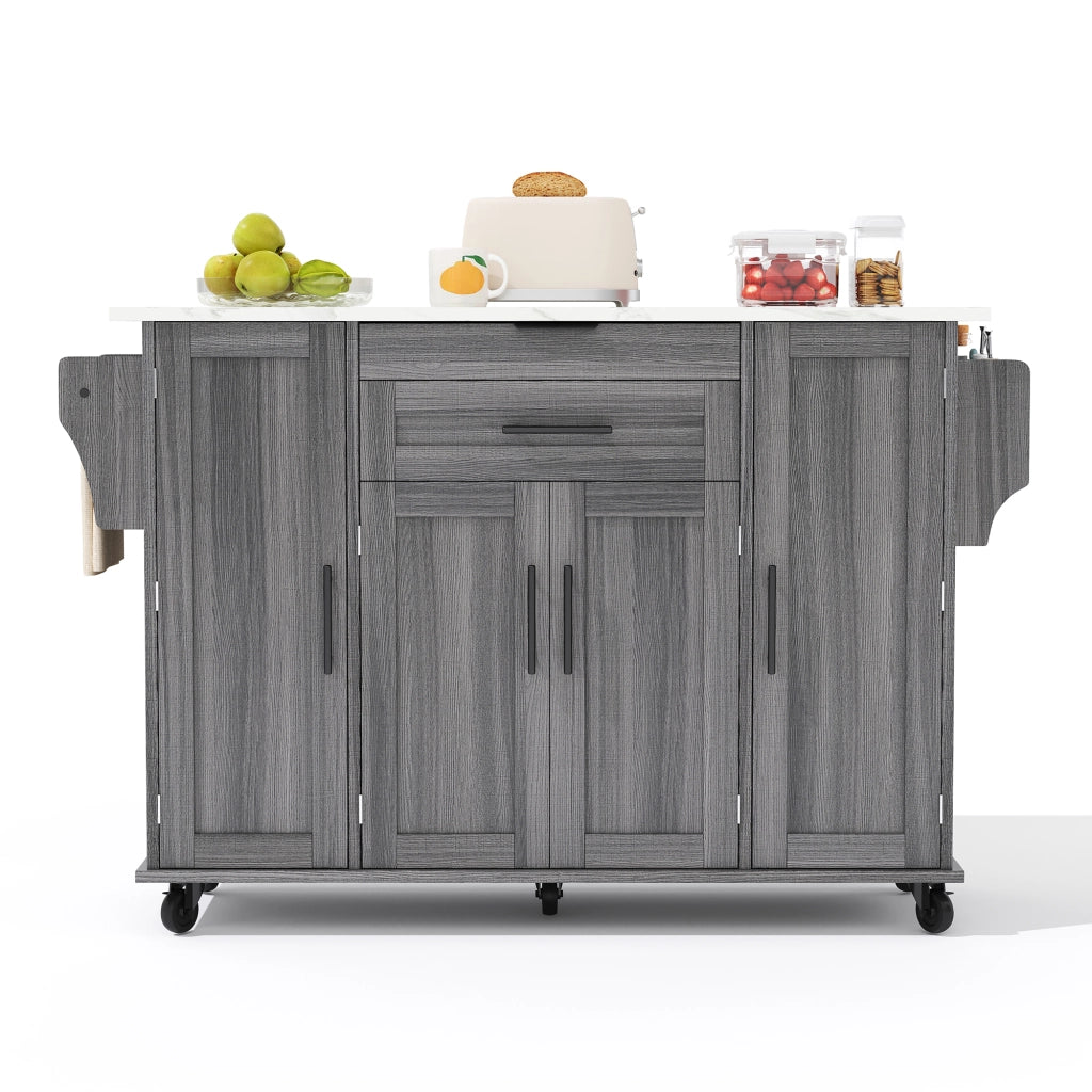 Isola da Cucina Mobile 136x45/70x92 cm Grigia e Legno con Piano Ribaltabile, Cassetti e 5 Ruote