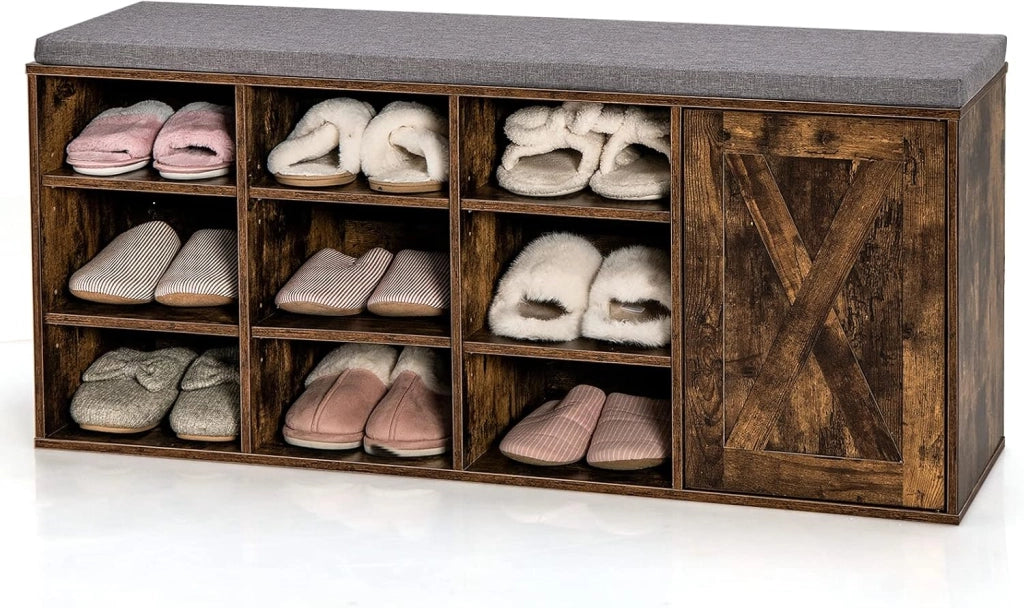 Panca Scarpe con Cuscino Imbottito Rimovibile, Ripiani regolabili in Altezza a 3 Livelli, Armadio con Apertura Elastica, Ripiano Scarpa per Corridoio, Camera da letto, Ingresso (Marrone)