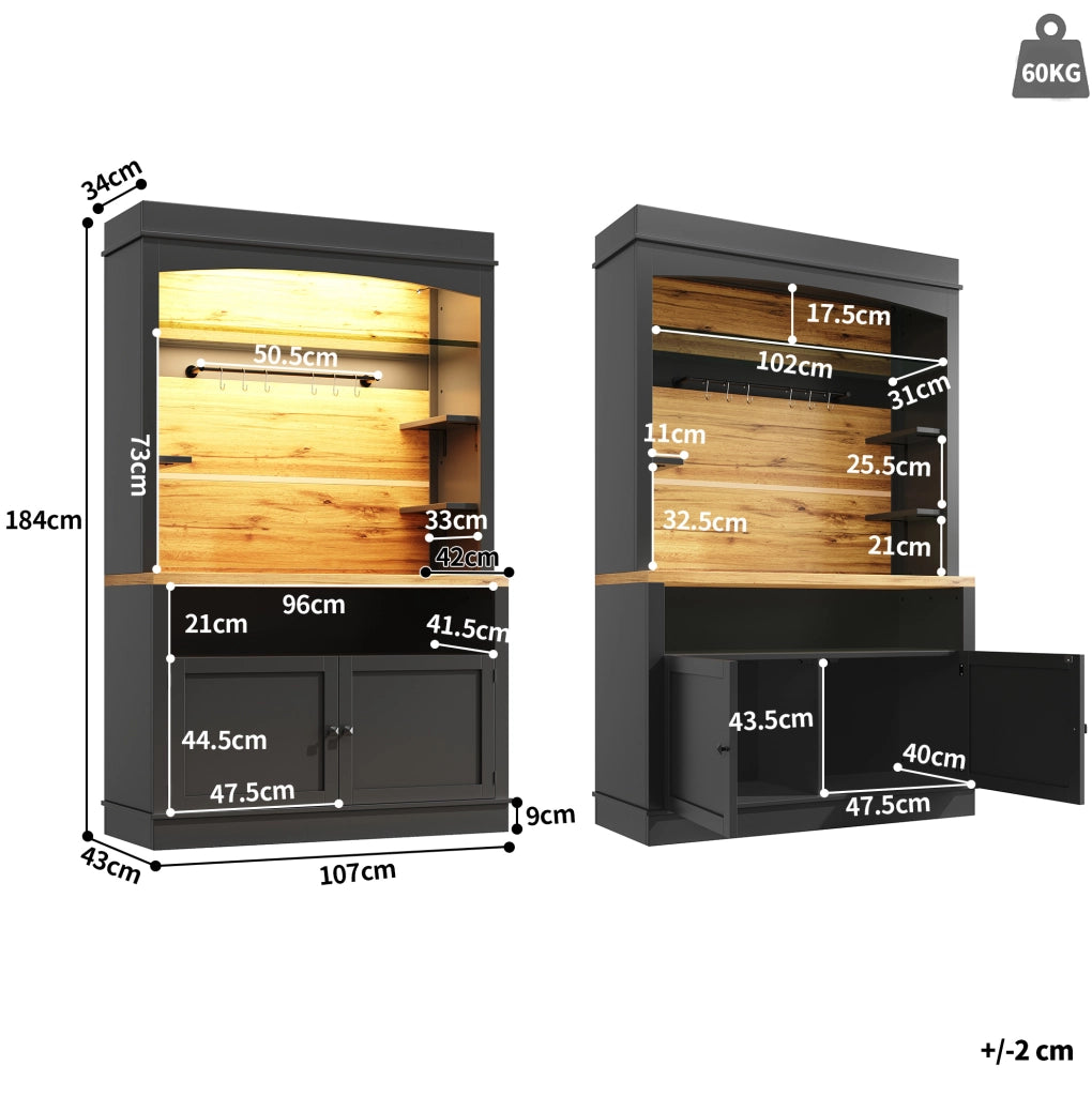 Credenza alta da cucina 107x43x184 cm in MDF nero con LED USB