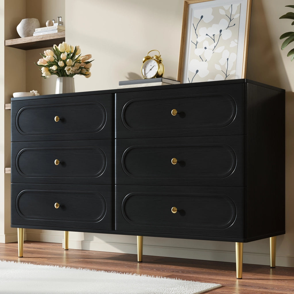 Madia con 6 cassetti e frontali ovali; piedini in metallo; nera 120 × 40 × 75 cm
