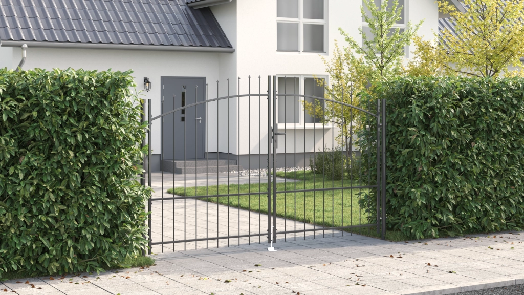 Cancello da giardino con punta a lancia, doppio battente, grigio, 175x300 cm in acciaio