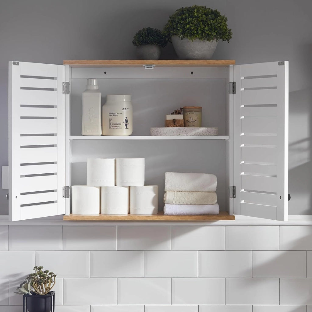 Pensile da Bagno – Mobile da Bagno Sospeso – Armadietto a Muro Stretto con Ante a Persiana e Ripiani Regolabili, per Cucina e Corridoio, in Legno, Bianco, 60x56x19cm, BZR42-W