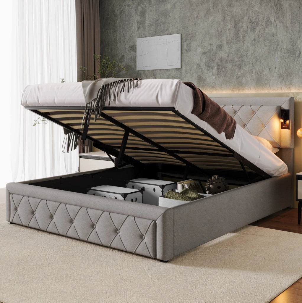 Letto contenitore 160 × 200 cm con LED; USB e rete a doghe; lino grigio