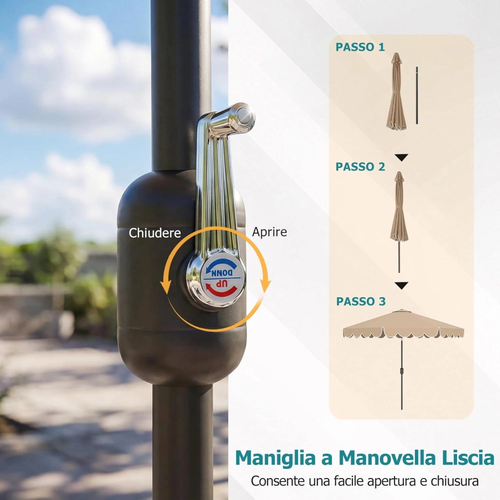 Ombrellone da Giardino 300 cm, con Inclinazione Regolabile, Anti-UV, Manovella, 8 Stecche, Top Ventilato, per Giardino Piscina Patio (Marrone)