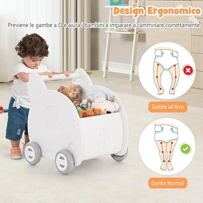 Girello per Bambini, Carrello a Spinta con Contenitore, Primi Passi con 4 Ruote, Maniglia e Spazio di Stoccaggio, per Bambini 3+Anni