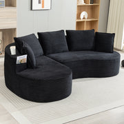 Divano curvo con portabicchieri e tasche laterali, cuscino, in velluto a coste nero 250 × 152 × 82 cm