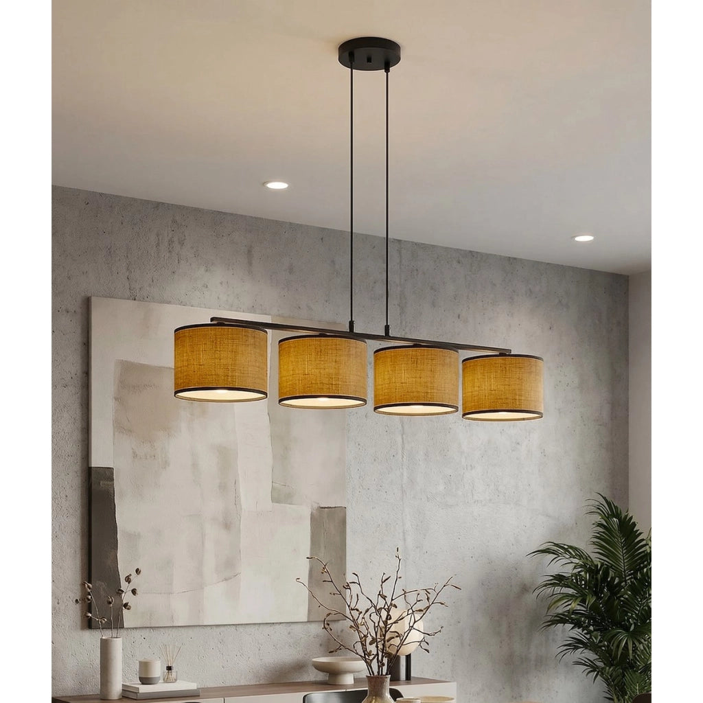 Lampada a sospensione ECO a 4 luci in acciaio nero e tessuto marrone