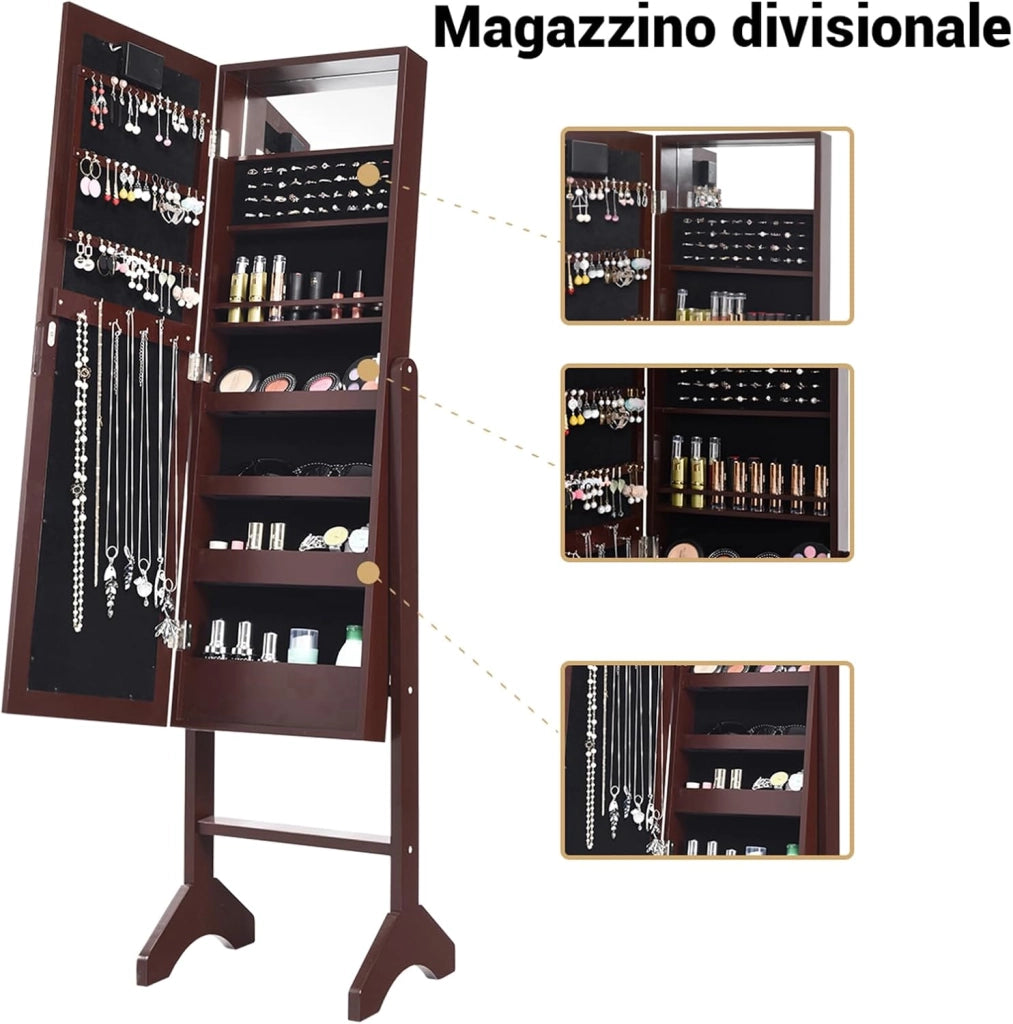 Portagioie Armadietto Specchiera con 18 Luci LED, Specchio a Figura Intera, Organizer per Gioielli Moderno Elegante, 145x35x31,5cm (Marrone)