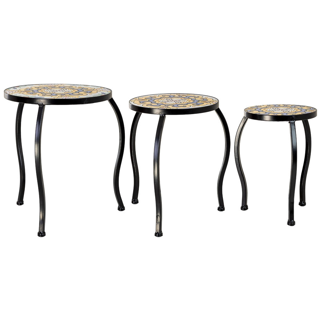 Set di 3 supporti, mosaico Giallo e ferro battuto, 33x33x37h-28x28x33h