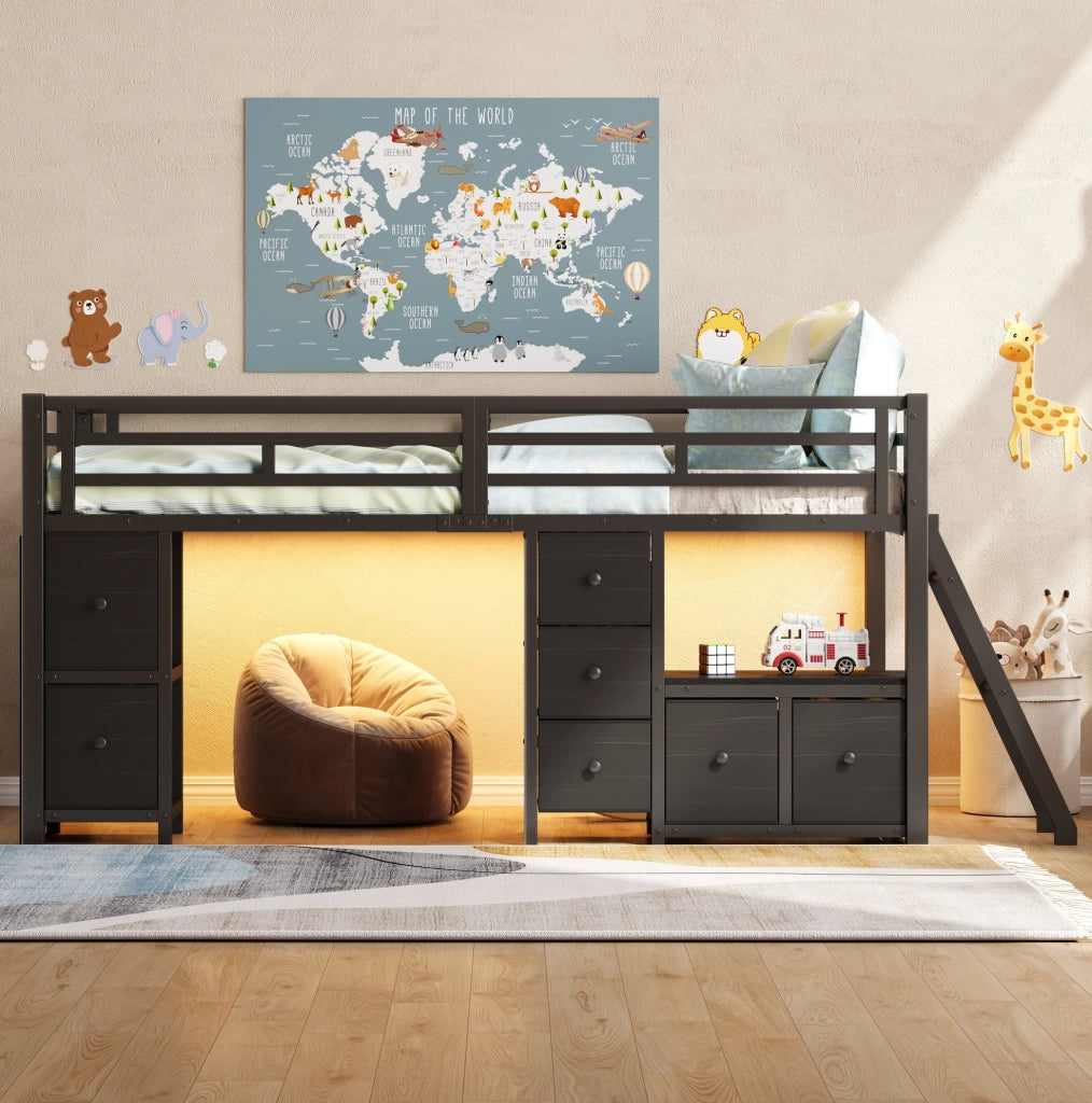 LETTO A SOPPALCO BASSO 90x200 cm Nero con 7 Cassetti e LED