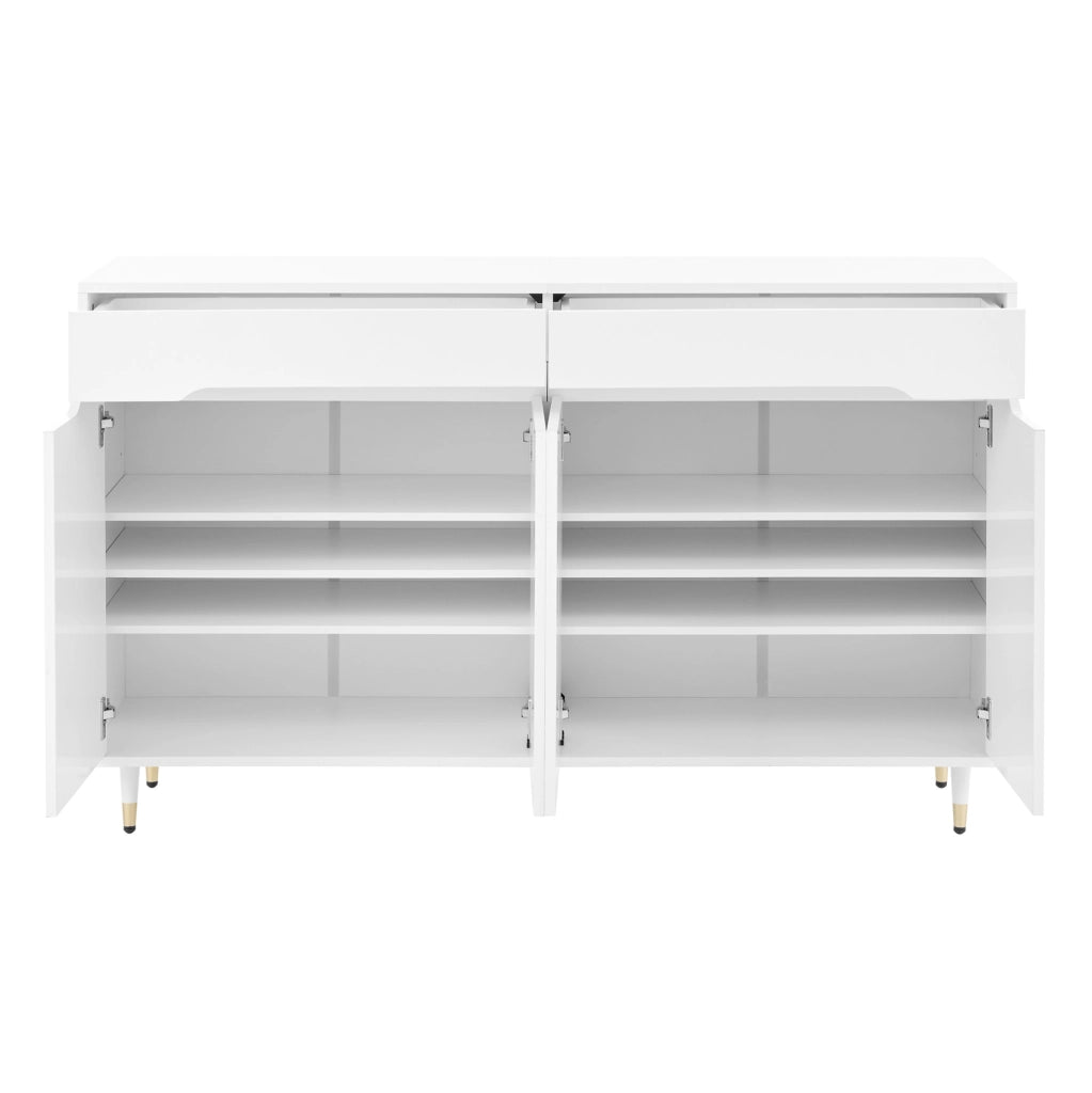 Armadio portascarpe moderno 140x39x84 cm bianco con gambe dorate; 2 cassetti e ripiani regolabili