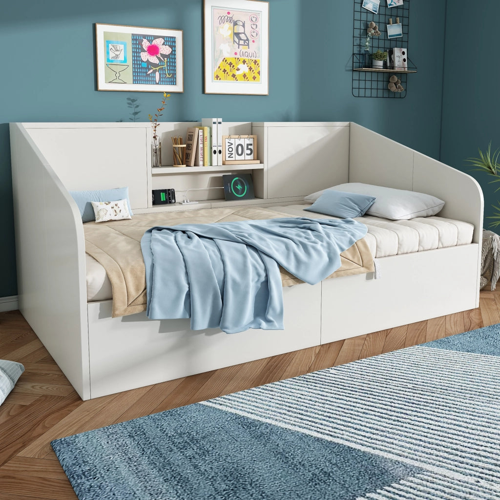 LETTO da giorno contenitore idraulico 90x190 cm in legno bianco con USB e Type-C