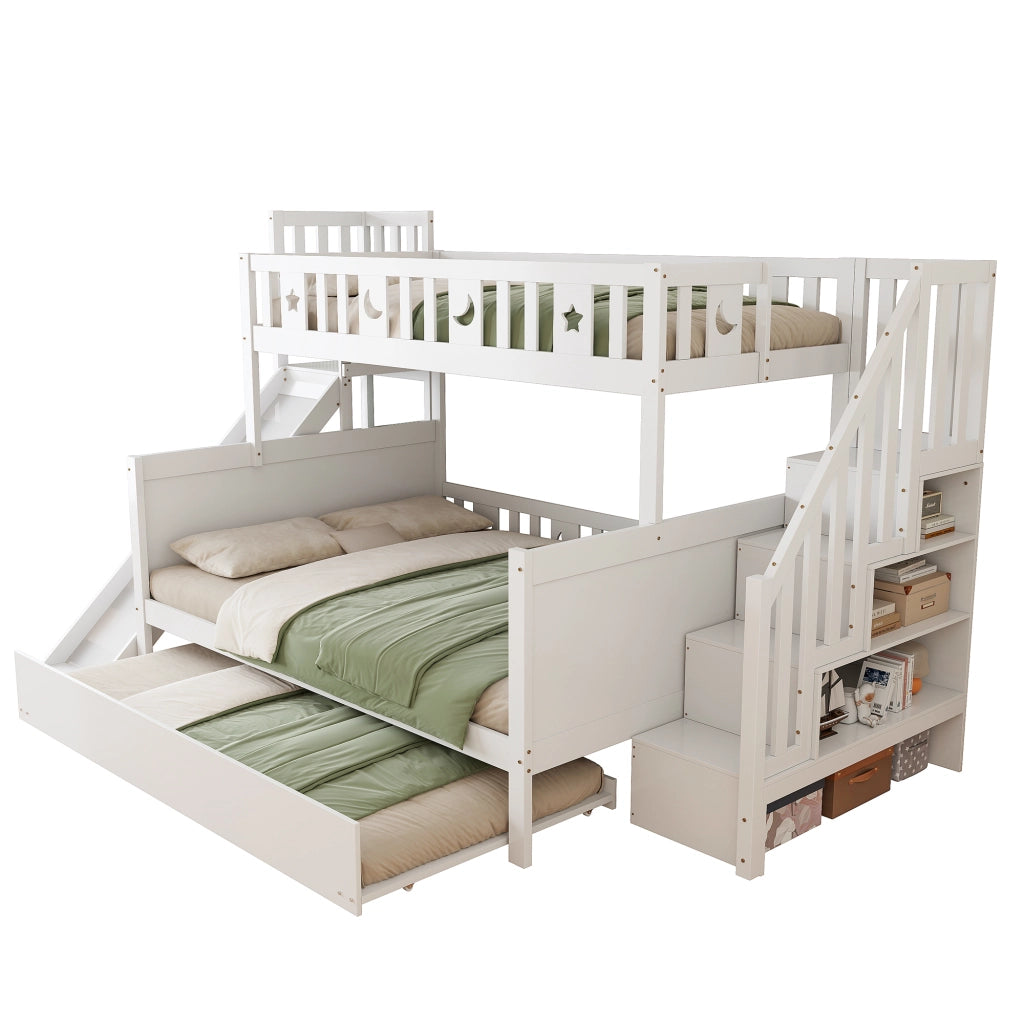 OKWISH Letto a Castello 90×200 cm e 140×200 cm, Letto 3 Posti con Contenitori, Letto Estraibile, Scala e Scivolo, senza Materasso, Bianco