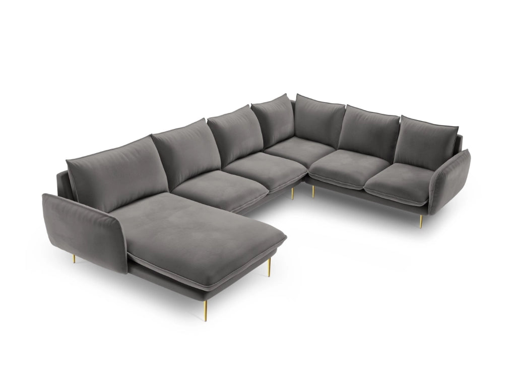 Cosmopolitan Design - Divano panoramico destro "Vienna" 7 posti in velluto grigio chiaro 