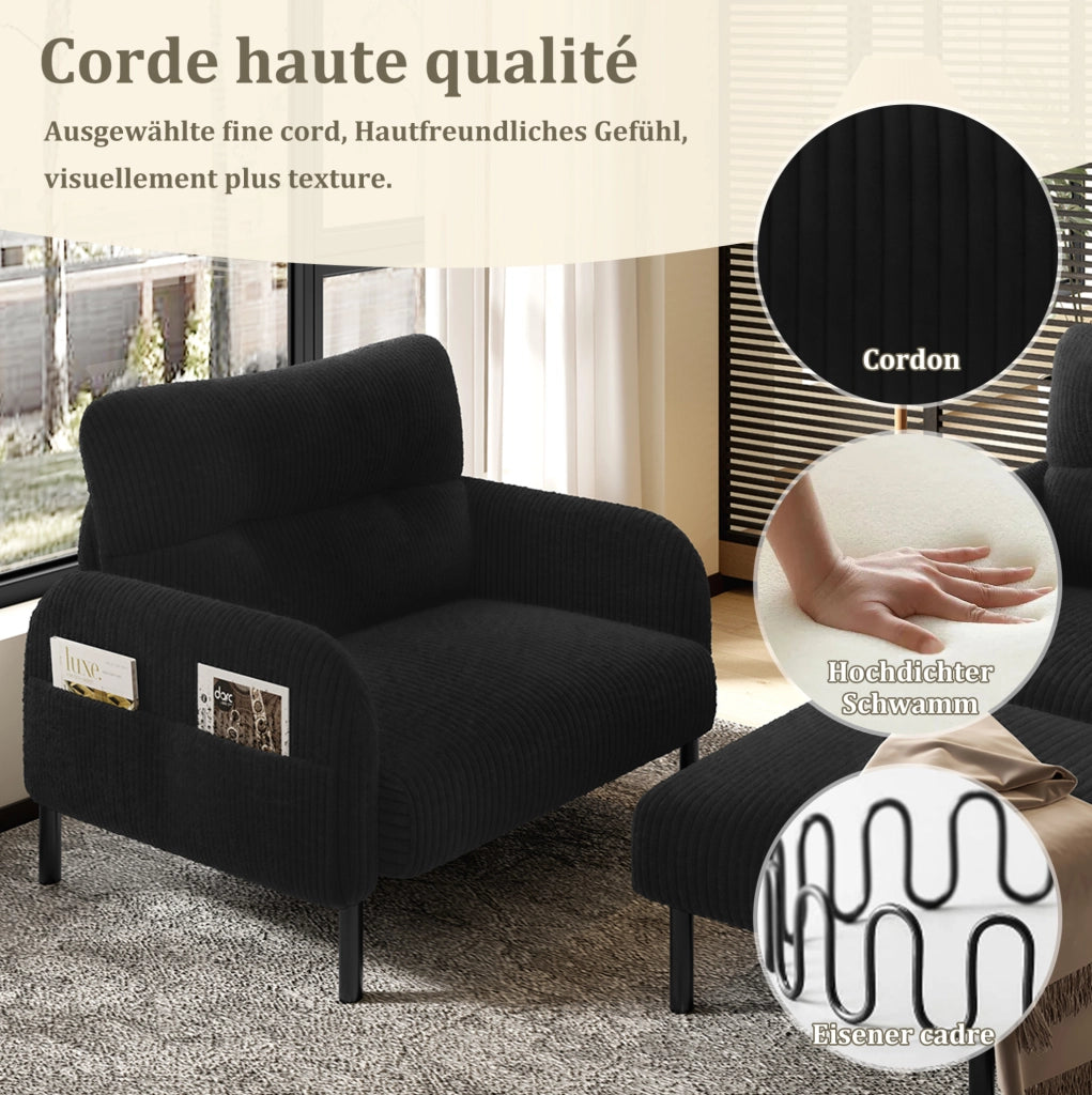 Set divano 3 pezzi con tasca laterale in corduroy nero