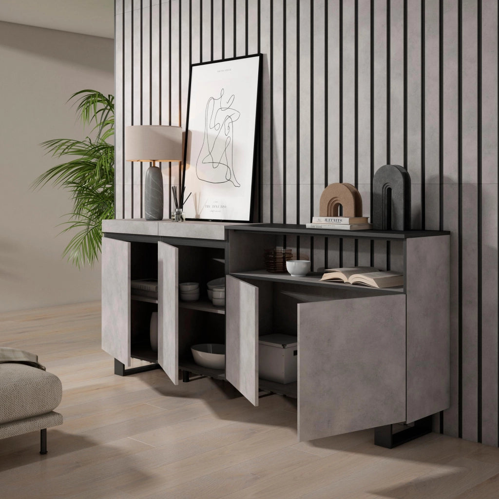 Credenza, Mobile, 200x35x87cm, 4 Porte, Design industriale, grigio cemento RF2372