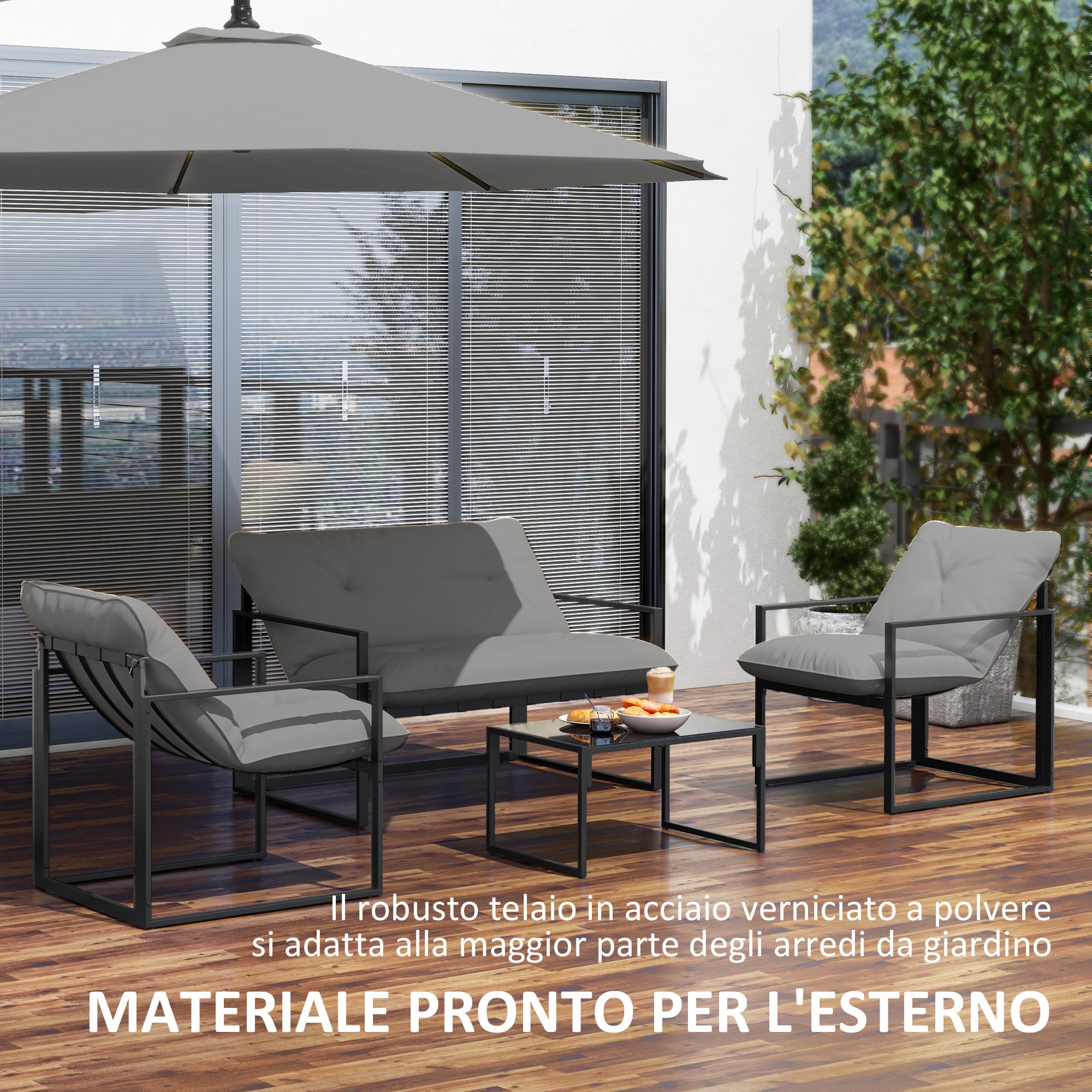 Set 4 Pezzi da Giardino con Divanetto 2 Poltrone e Tavolino in Acciaio, Poliestere e Cotone PP Nero e Grigio