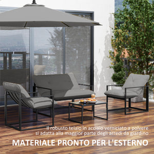 Set 4 Pezzi da Giardino con Divanetto 2 Poltrone e Tavolino in Acciaio, Poliestere e Cotone PP Nero e Grigio