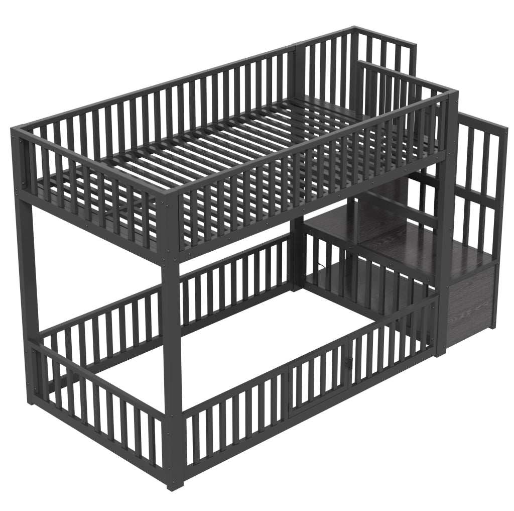 Letto a castello basso 90x200 cm con LED e scala contenitore in MDF e metallo nero
