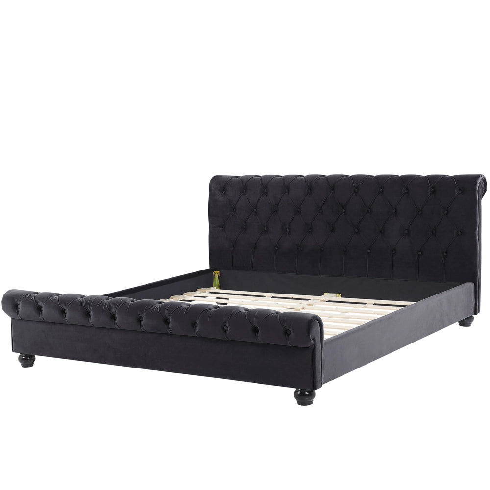 Letto rivestimento in velluto Nero Gambe in legno Nero 180 x 200 cm abbottonato Glam